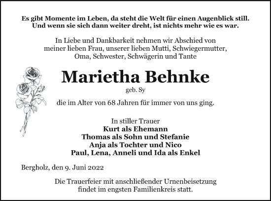 Traueranzeige von Marietha Behnke von Pasewalker Zeitung