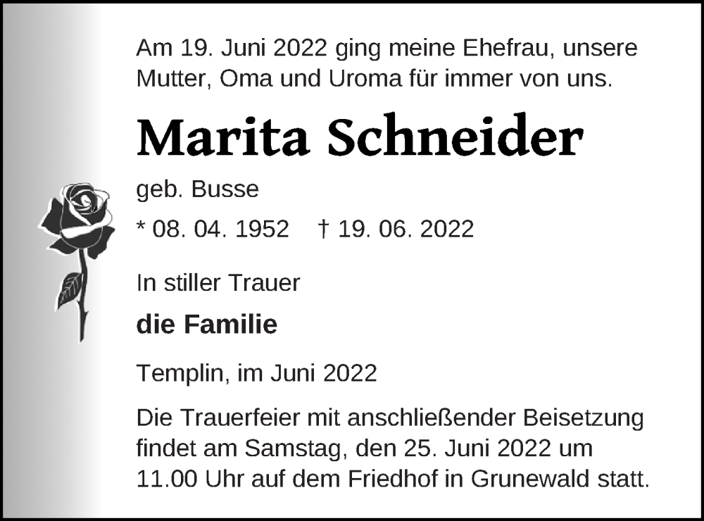  Traueranzeige für Marita Schneider vom 23.06.2022 aus Templiner Zeitung