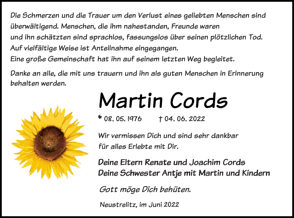  Traueranzeige für Martin Cords vom 25.06.2022 aus Müritz-Zeitung