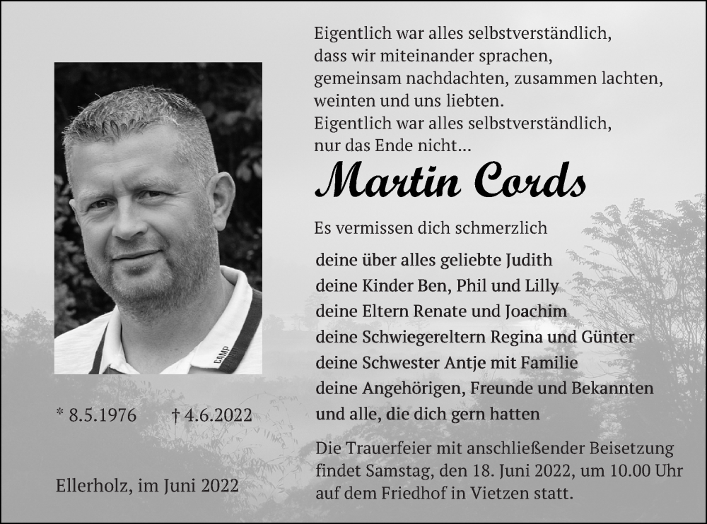  Traueranzeige für Martin Cords vom 11.06.2022 aus Müritz-Zeitung