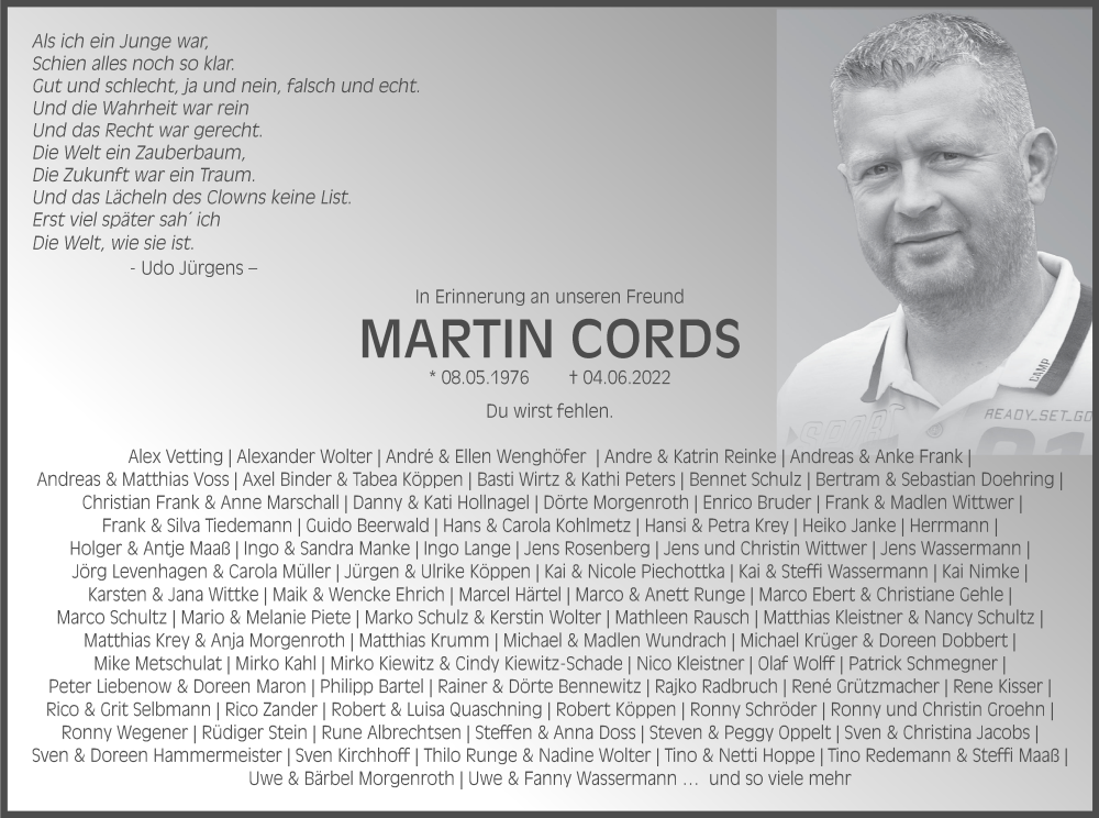  Traueranzeige für Martin Cords vom 17.06.2022 aus Müritz-Zeitung