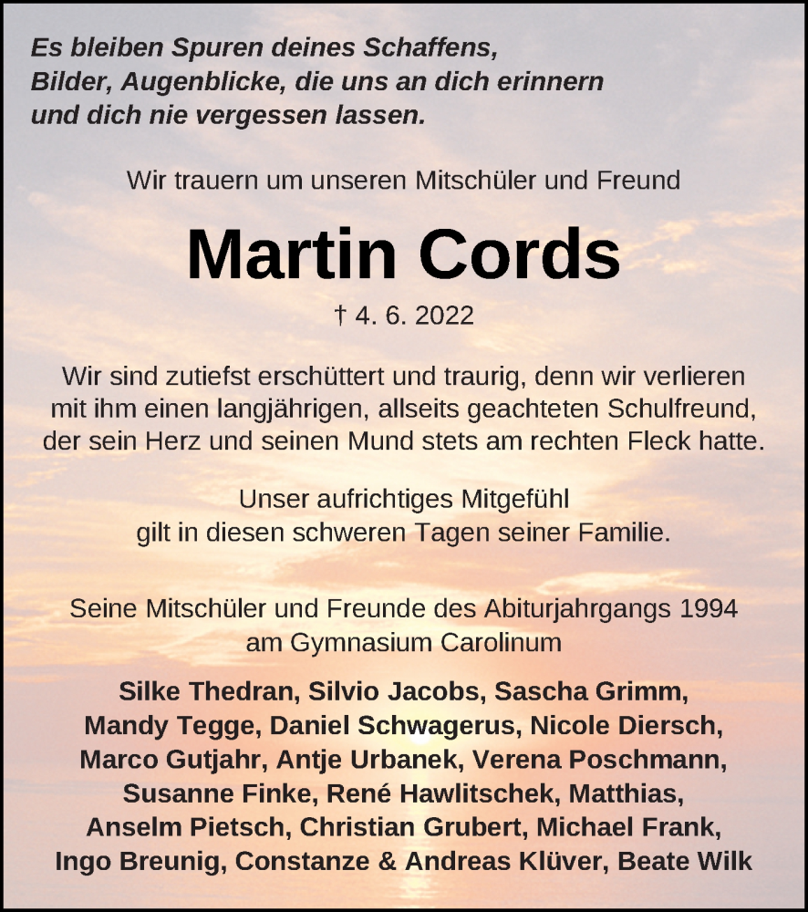  Traueranzeige für Martin Cords vom 21.06.2022 aus Müritz-Zeitung