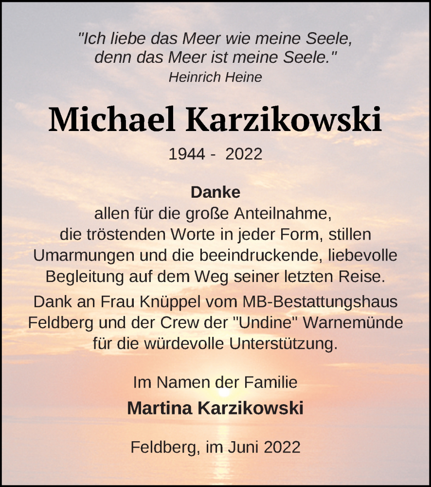  Traueranzeige für Michael Karzikowski vom 10.06.2022 aus Strelitzer Zeitung