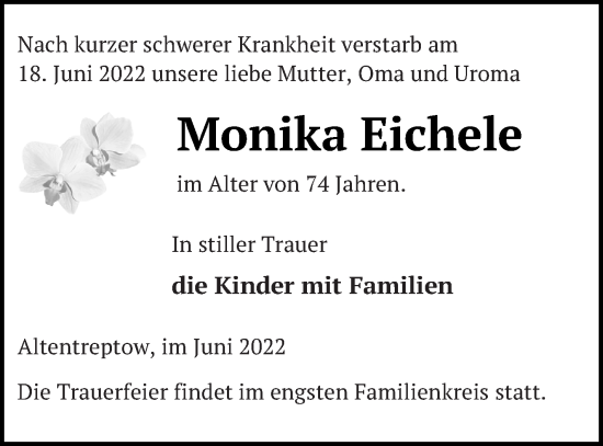 Traueranzeige von Monika Eichele von Mecklenburger Schweiz