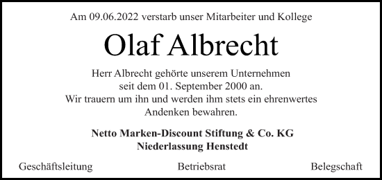 Traueranzeige von Olaf Albrecht von Strelitzer Zeitung