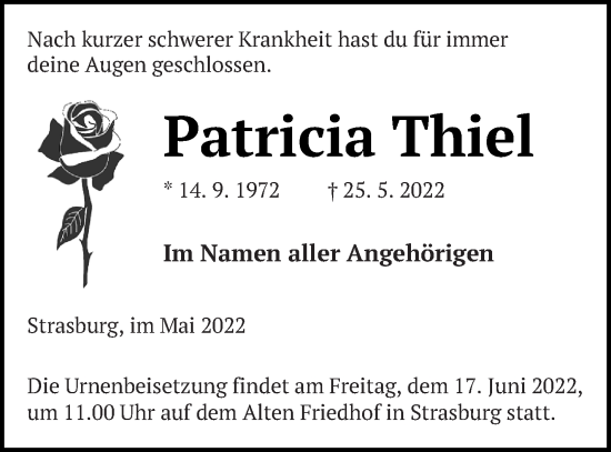 Traueranzeige von Patricia Thiel von Pasewalker Zeitung