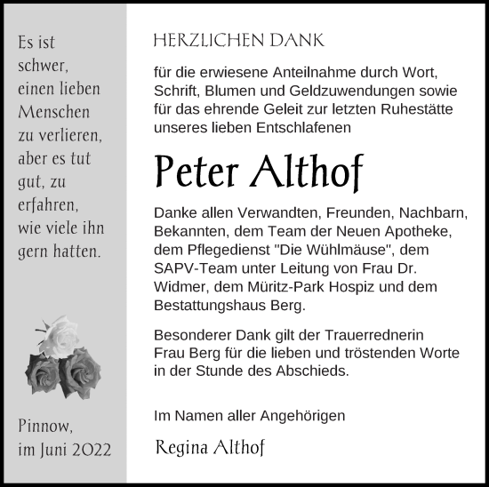 Traueranzeige von Peter Althof von Mecklenburger Schweiz