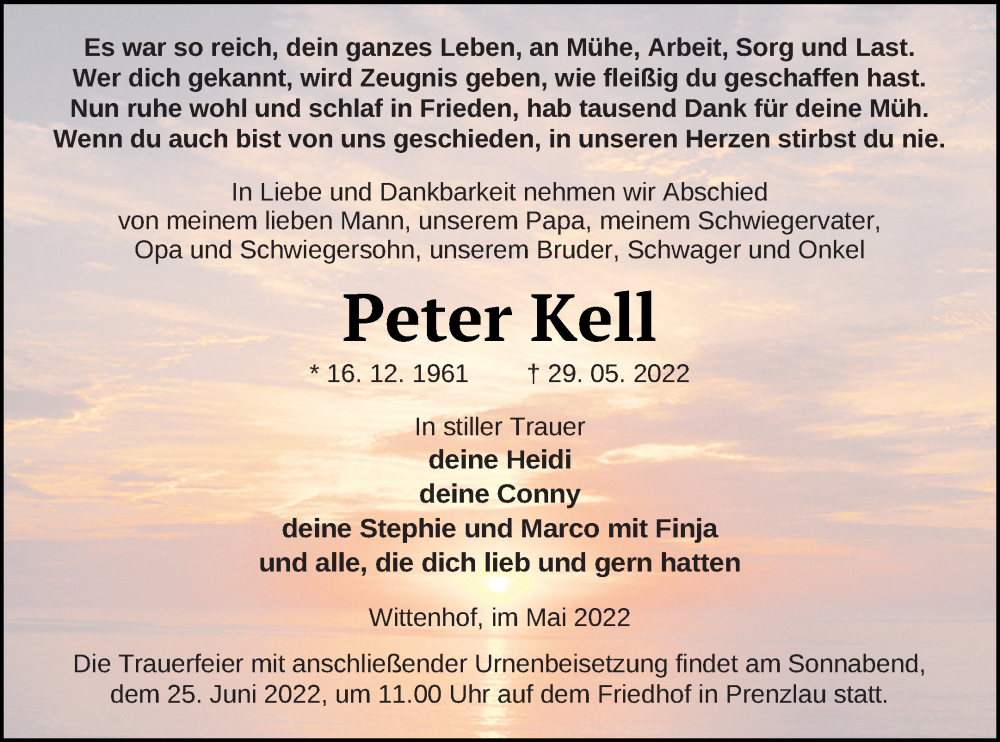  Traueranzeige für Peter Kell vom 03.06.2022 aus Prenzlauer Zeitung