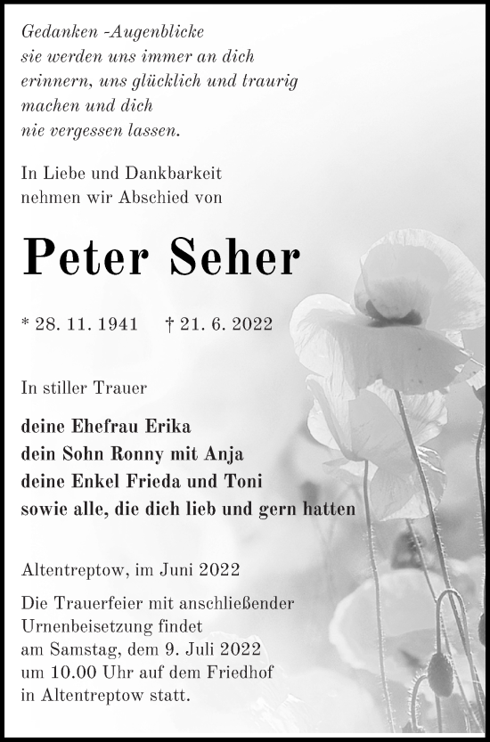 Traueranzeige von Peter Seher von Neubrandenburger Zeitung