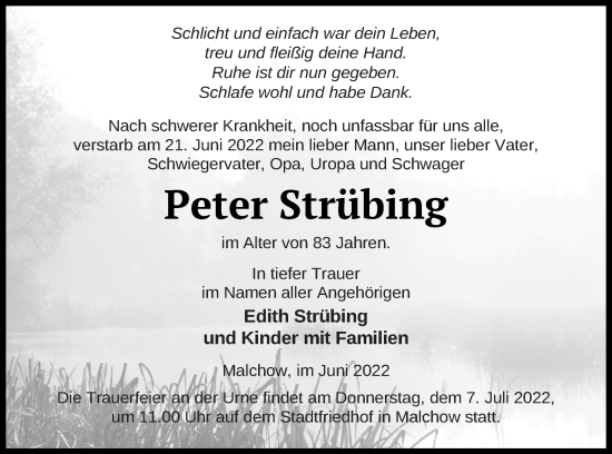 Traueranzeige von Peter Strübing von Müritz-Zeitung