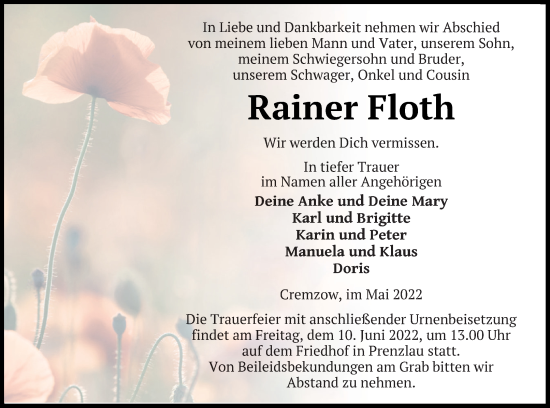 Traueranzeige von Rainer Floth von Prenzlauer Zeitung