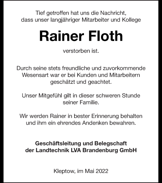 Traueranzeige von Rainer Floth von Pasewalker Zeitung