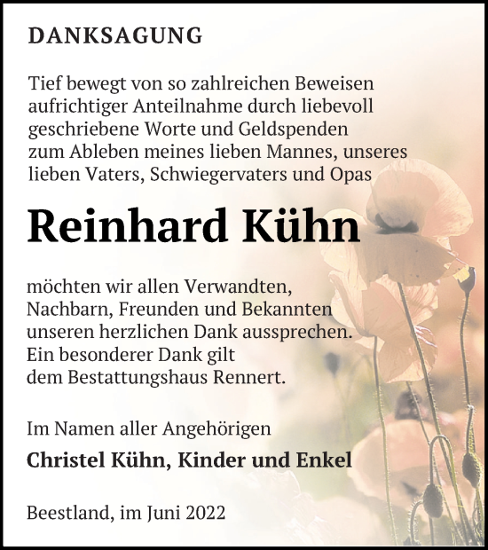 Traueranzeige von Reinhard Kühn von Demminer Zeitung