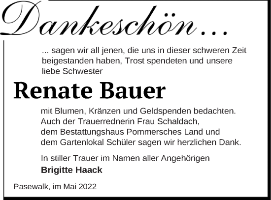 Traueranzeige von Renate Bauer von Pasewalker Zeitung