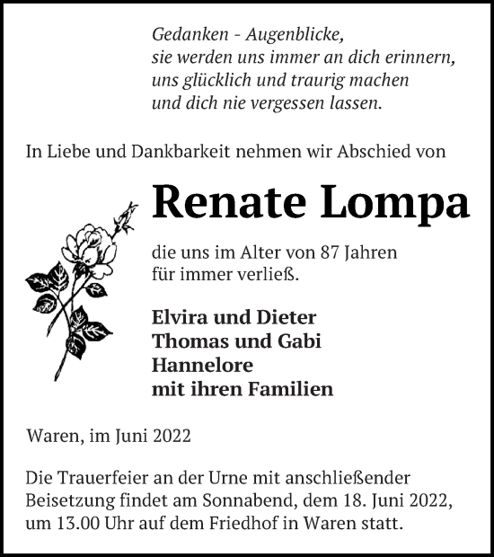 Traueranzeige von Renate Lompa von Müritz-Zeitung