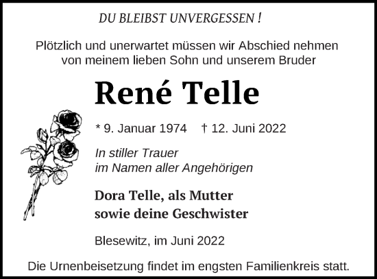 Traueranzeige von Rene Telle von Vorpommern Kurier