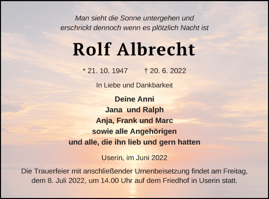 Traueranzeige von Rolf Albrecht von Strelitzer Zeitung