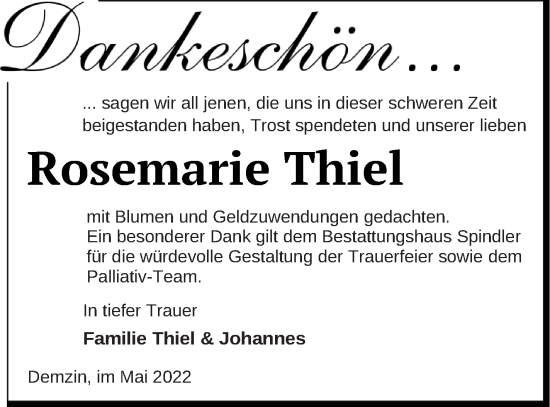 Traueranzeige von Rosemarie Thiel von Mecklenburger Schweiz