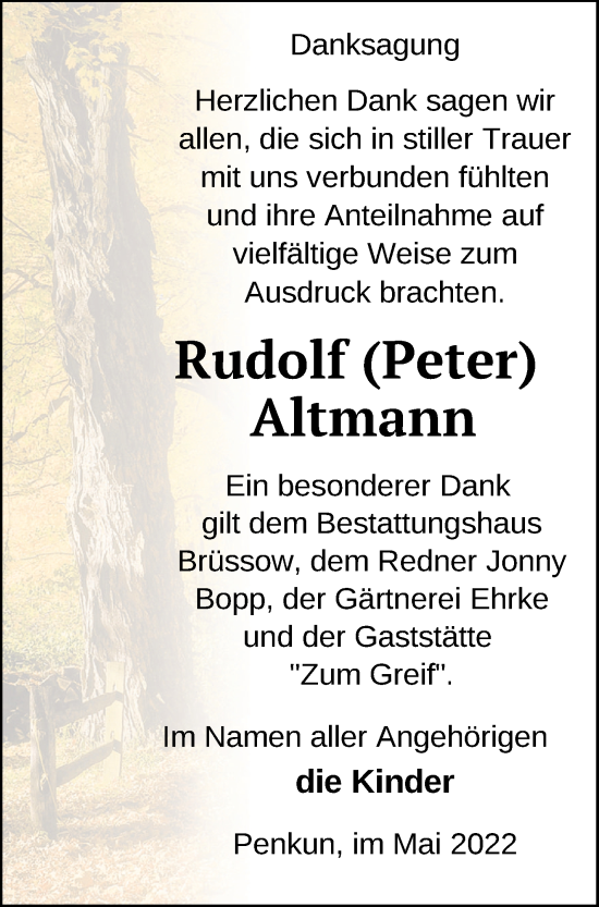 Traueranzeige von Rudolf Altmann von Pasewalker Zeitung