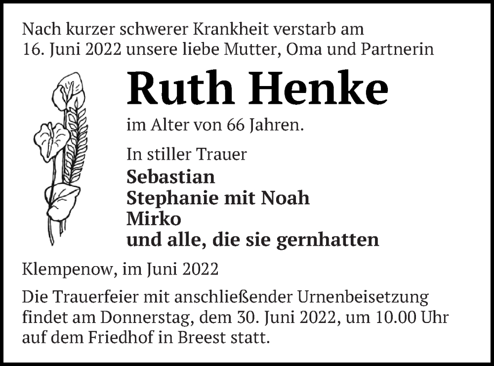  Traueranzeige für Ruth Henke vom 22.06.2022 aus Neubrandenburger Zeitung