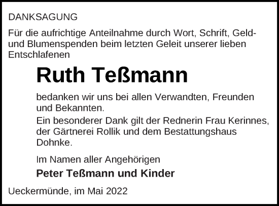 Traueranzeige von Ruth Teßmann von Haff-Zeitung