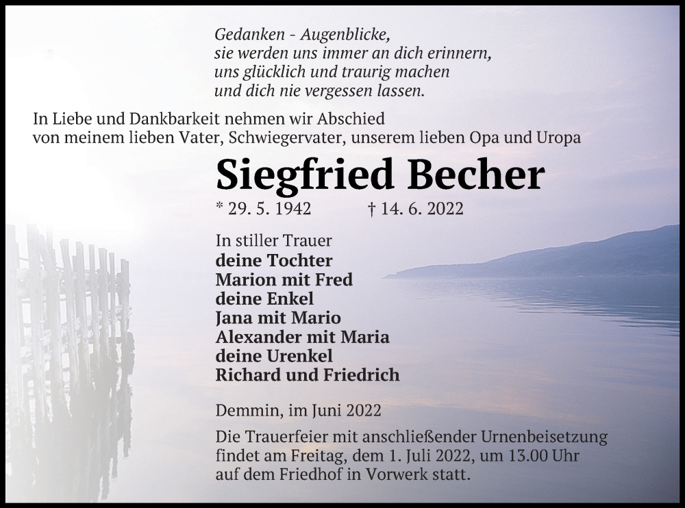  Traueranzeige für Siegfried Becher vom 17.06.2022 aus Demminer Zeitung