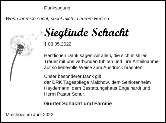 Traueranzeige von Sieglinde Schacht von Müritz-Zeitung