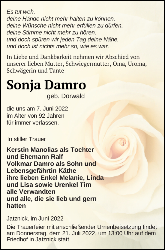 Traueranzeige von Sonja Damro von Pasewalker Zeitung