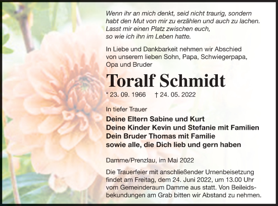 Traueranzeige von Toralf Schmidt von Prenzlauer Zeitung