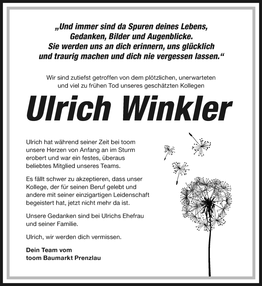  Traueranzeige für Ulrich Winkler vom 22.06.2022 aus Prenzlauer Zeitung