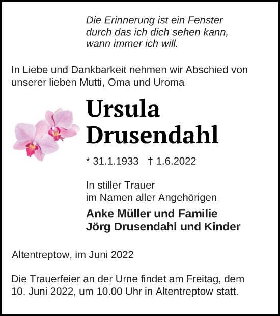 Traueranzeige von Ursula Drusendahl von Neubrandenburger Zeitung