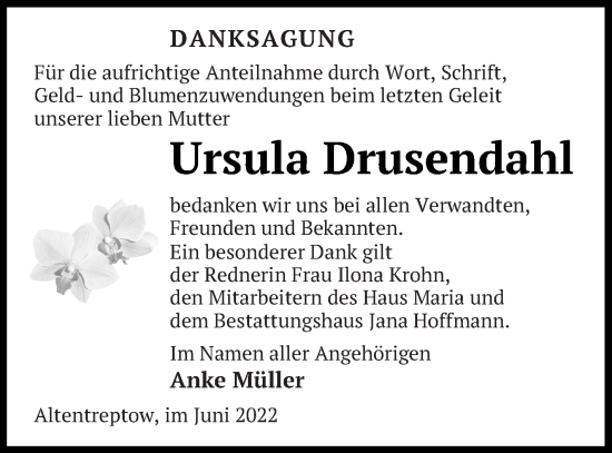 Traueranzeige von Ursula Drusendahl von Neubrandenburger Zeitung