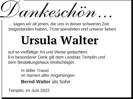 Traueranzeige von Ursula Walter von Templiner Zeitung
