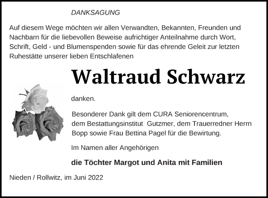 Traueranzeige von Waltraud Schwarz von Pasewalker Zeitung