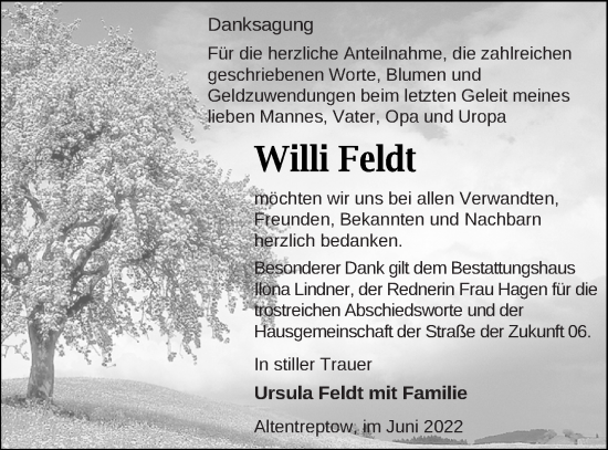 Traueranzeige von Willi Feldt von Neubrandenburger Zeitung