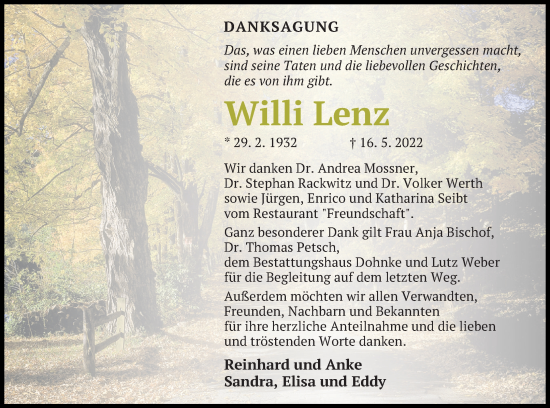 Traueranzeige von Willi Lenz von Haff-Zeitung