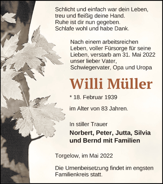 Traueranzeige von Willi Müller von Haff-Zeitung
