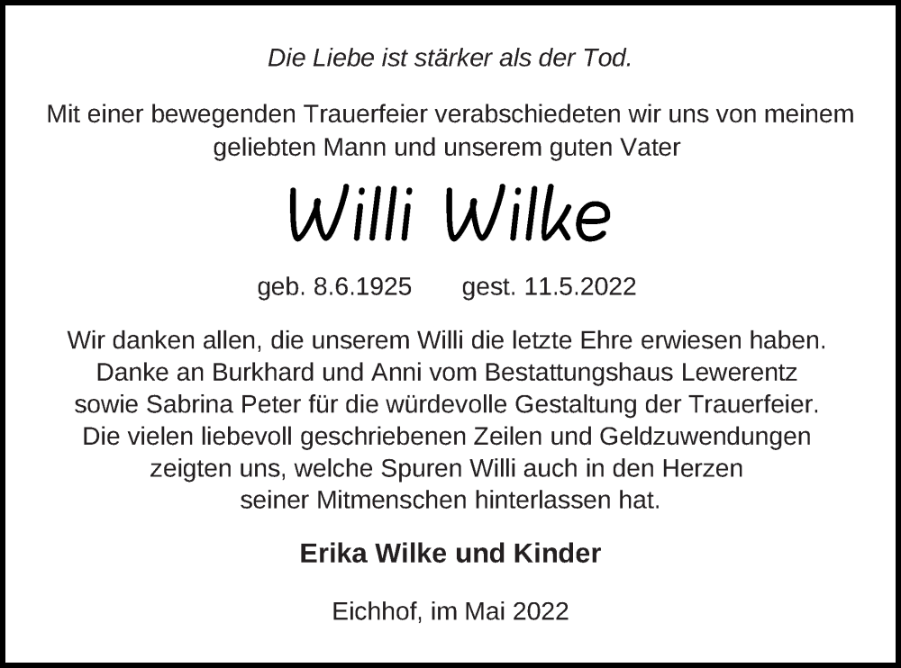 Traueranzeige für Willi Wilke vom 03.06.2022 aus Haff-Zeitung