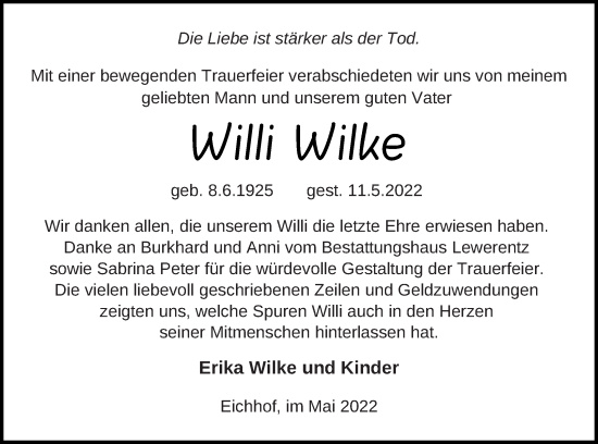 Traueranzeige von Willi Wilke von Haff-Zeitung