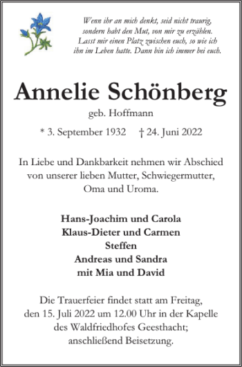 Traueranzeige von Annelie Schönberg von Hagenower Kreisblatt