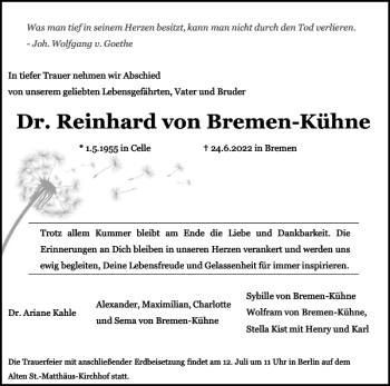 Traueranzeige von Dr. Reinhard von Bremen-Kühne von Zeitung für die Landeshauptstadt