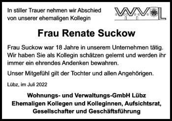 Traueranzeige von Frau Renate Suckow von Parchimer Zeitung