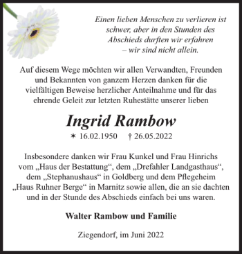 Traueranzeige von Ingrid Rambow von Parchimer Zeitung