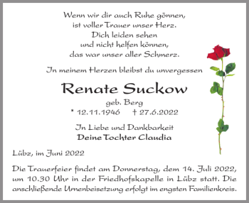 Traueranzeige von Renate Suckow von Zeitung für Lübz - Goldberg - Plau