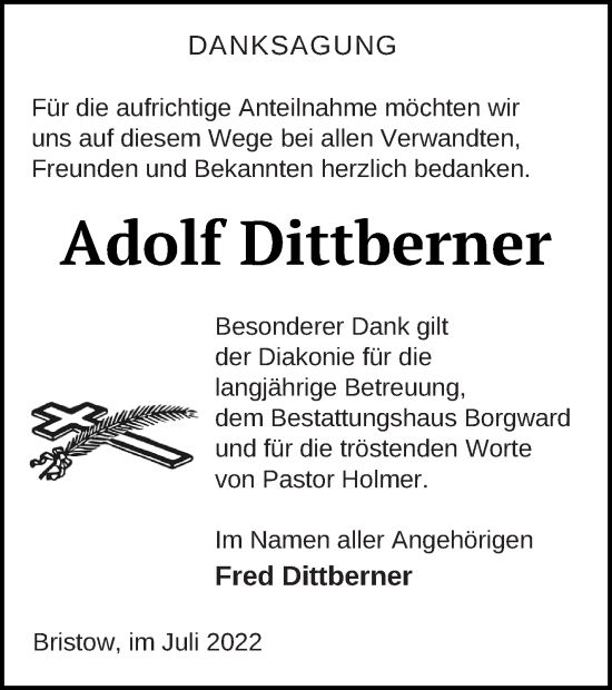 Traueranzeige von Adolf Dittberner von Mecklenburger Schweiz