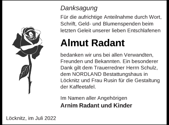 Traueranzeige von Almut Radant von Pasewalker Zeitung