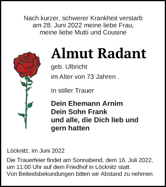 Traueranzeige von Almut Radant von Pasewalker Zeitung