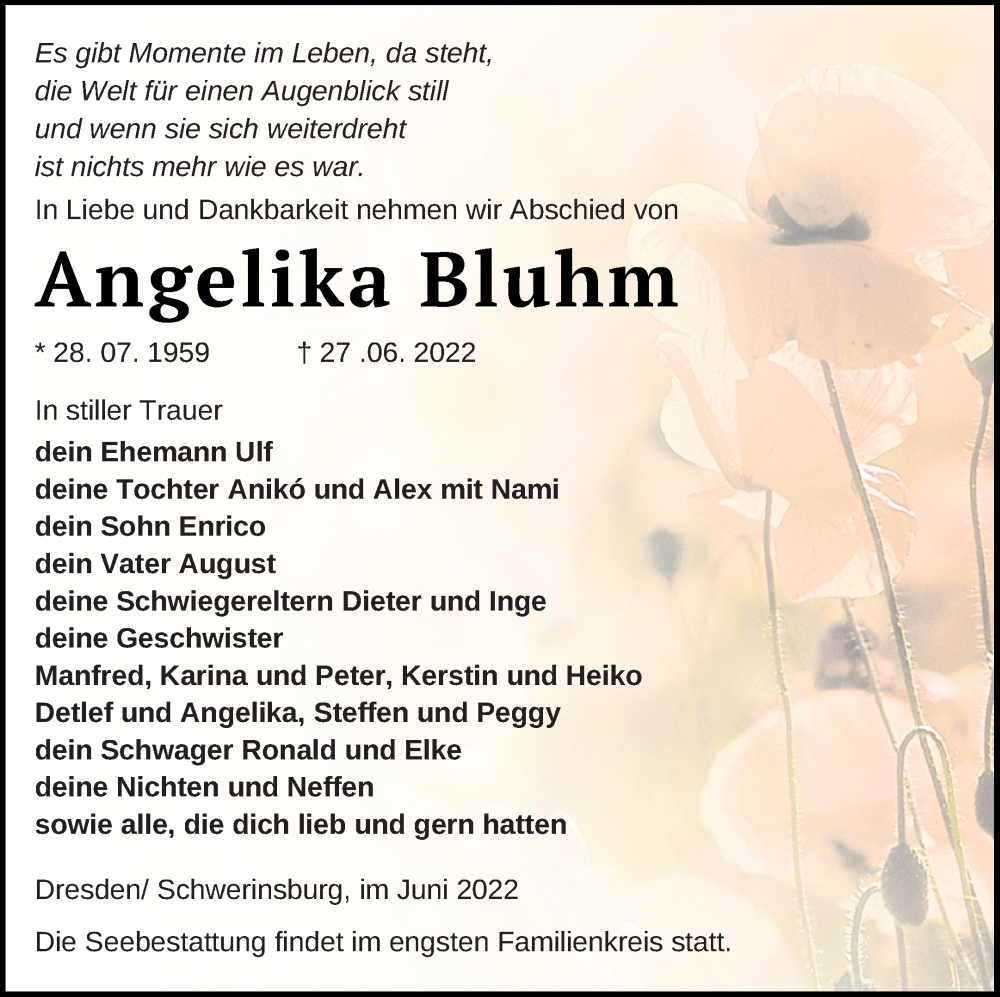  Traueranzeige für Angelika Bluhm vom 08.07.2022 aus Vorpommern Kurier