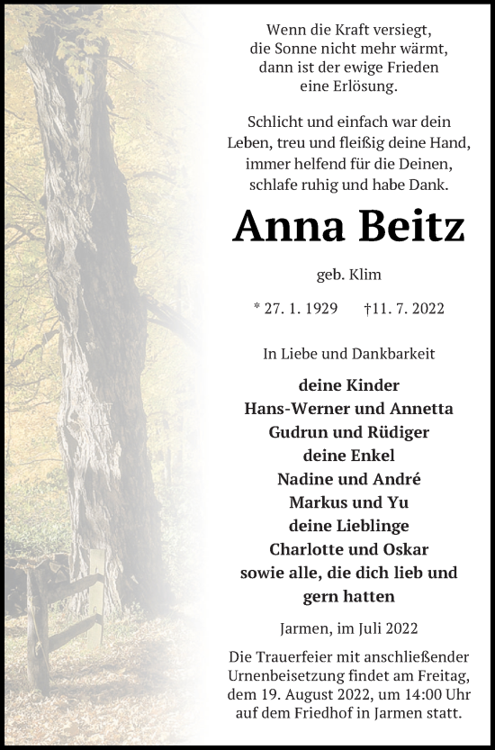 Traueranzeige von Anna Beitz von Vorpommern Kurier