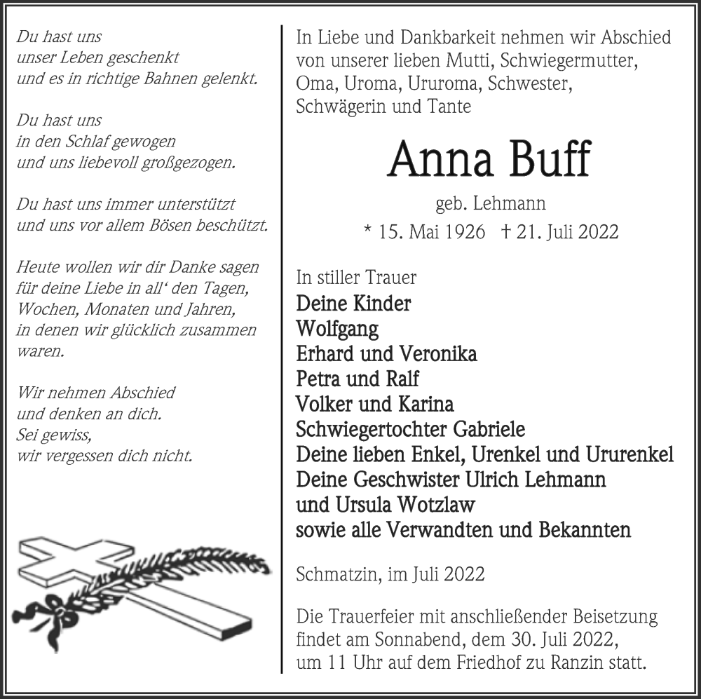  Traueranzeige für Anna Buff vom 26.07.2022 aus Vorpommern Kurier